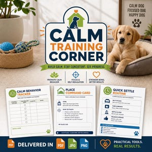 May include: A golden retriever puppy rests in a dog bed, part of a "Calm Training Corner" setup. The image includes training cards, a woven basket with toys, and a sign with the text "Calm Training Corner". The training cards include a calm behavior tracker and a place command card.