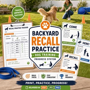 May include: A dog training system with the text "Backyard Recall Practice". Includes a recall practice tracker, training cards, and a blue leash. The image shows a dog and a person in a backyard setting.