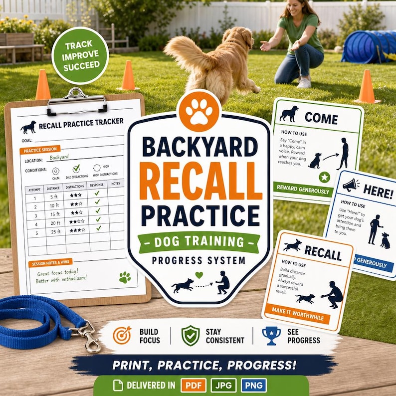 May include: A dog training system with the text "Backyard Recall Practice". Includes a recall practice tracker, training cards, and a blue leash. The image shows a dog and a person in a backyard setting.