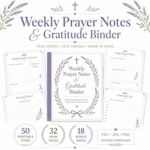 Journal de prières à imprimer, notes de prière hebdomadaires, classeur de gratitude, notes d'étude biblique, journal chrétien