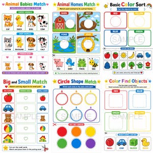 May include: Children's educational activity sheets. Features matching games for animal babies and homes, colour sorting, and shape matching. Includes colourful illustrations of animals, fruits, and shapes. Designed for early learning and fun.