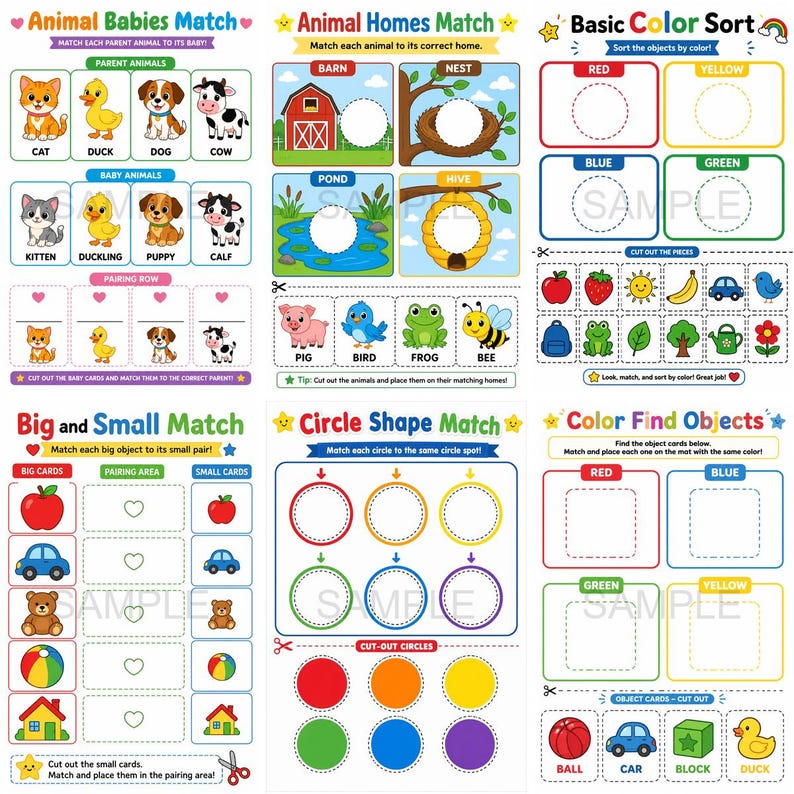 May include: Children's educational activity sheets. Features matching games for animal babies and homes, colour sorting, and shape matching. Includes colourful illustrations of animals, fruits, and shapes. Designed for early learning and fun.
