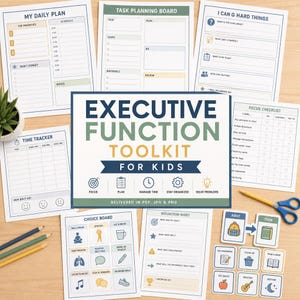 May include: A collection of printable planning sheets and tools for kids, including a daily plan, task board, and focus checklist. The central sheet reads "Executive Function Toolkit for Kids". Includes pencils and scissors.