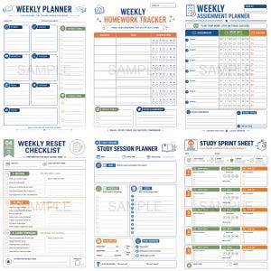 May include: A collection of printable planner pages with a white background, featuring templates for weekly planning, homework tracking, assignment planning, and study sessions. The designs incorporate blue, green, and orange accents.