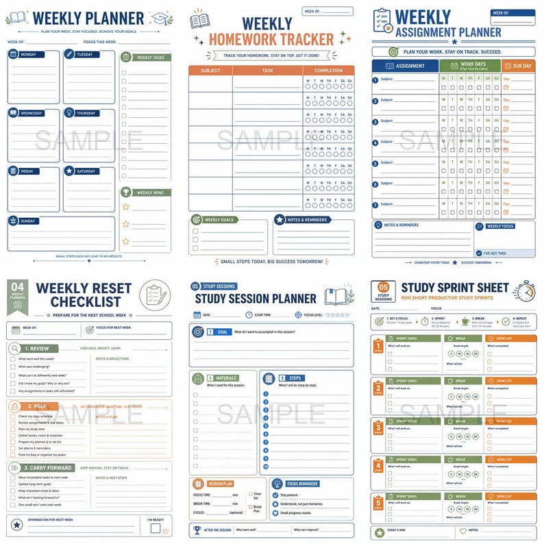 May include: A collection of printable planner pages with a white background, featuring templates for weekly planning, homework tracking, assignment planning, and study sessions. The designs incorporate blue, green, and orange accents.