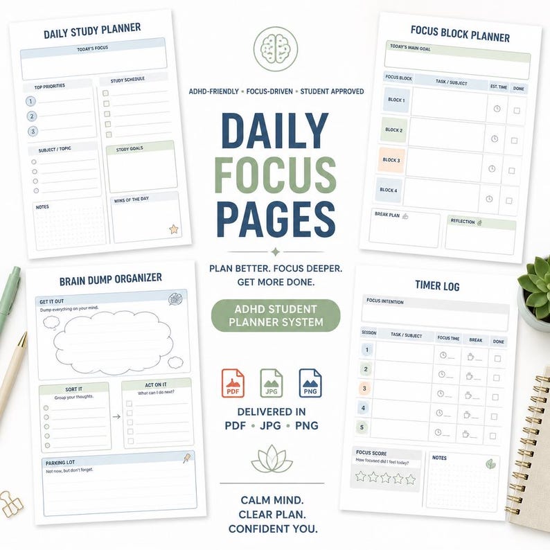 May include: A collection of printable Daily Focus Pages for students with ADHD. The pages include a daily study planner, focus block planner, brain dump organizer, and timer log. The design is white with blue and green accents, and the text reads "Daily Focus Pages."