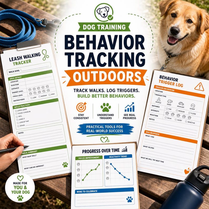 May include: Dog training materials with a leash, a dog, and a water bottle. The image features a leash walking tracker, a behavior trigger log, and a progress over time chart. The text says "Dog Training Behavior Tracking Outdoors."