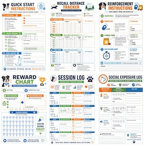 May include: A colorful dog training guide with sections for quick start instructions, recall distance tracking, and reinforcement techniques. Includes reward charts, session logs, and social exposure logs. The guide features text and illustrations.