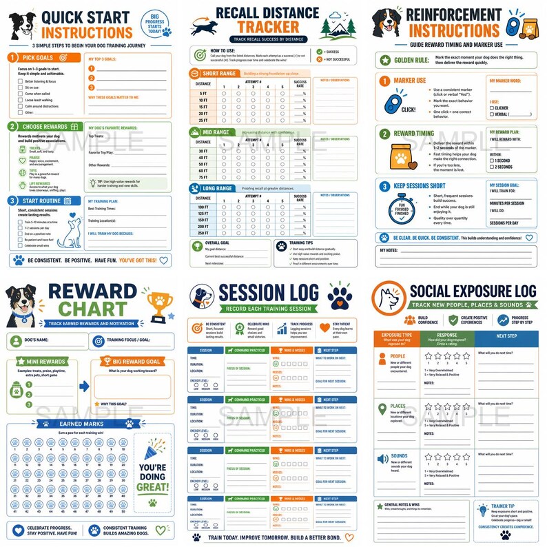 May include: A colorful dog training guide with sections for quick start instructions, recall distance tracking, and reinforcement techniques. Includes reward charts, session logs, and social exposure logs. The guide features text and illustrations.