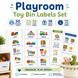 Puede incluir: Un conjunto de etiquetas imprimibles para cajas de juguetes con ilustraciones coloridas y texto para categorías como Legos, bloques, trenes, coches, libros, suministros de arte, animales, muñecas, música, pelotas y rompecabezas. Incluye 50 elementos imprimibles, 32 páginas principales y 18 páginas extra en formatos PDF, JPG y PNG con el texto Organize. Play. Repeat.