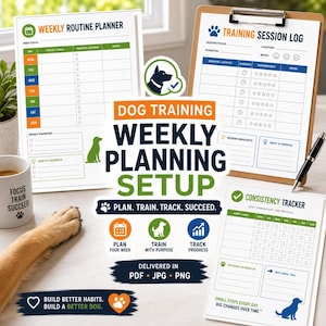 May include: Dog training weekly planning setup with a weekly routine planner, training session log, and consistency tracker. The documents feature a green, blue, and orange color scheme with dog-themed graphics and text.