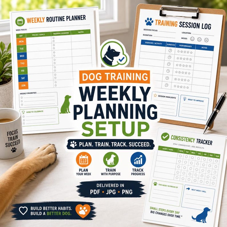 May include: Dog training weekly planning setup with a weekly routine planner, training session log, and consistency tracker. The documents feature a green, blue, and orange color scheme with dog-themed graphics and text.