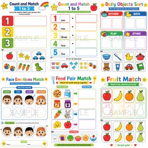 May include: A vibrant educational worksheet for children, featuring counting, matching, and sorting activities. Illustrations include objects, fruits, and faces. The worksheet includes the text "Count and Match," "Daily Objects Sort," and "Face Emotions Match."