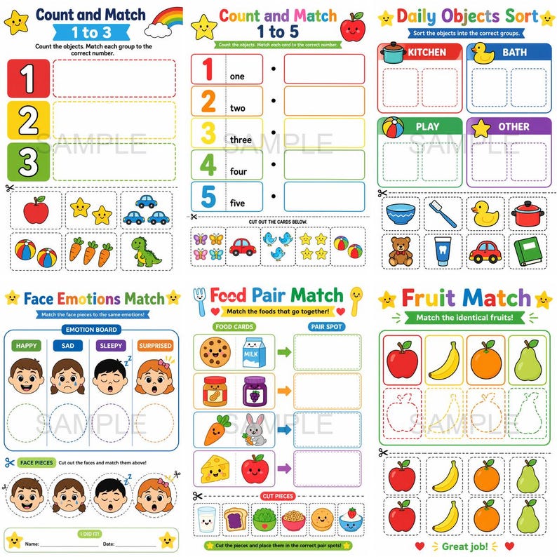 May include: A vibrant educational worksheet for children, featuring counting, matching, and sorting activities. Illustrations include objects, fruits, and faces. The worksheet includes the text "Count and Match," "Daily Objects Sort," and "Face Emotions Match."