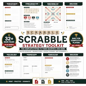 May include: A Scrabble strategy toolkit with 32+ pages, designed for competitive players. Includes vocabulary builders, scoring guides, board control plans, and bonus sections. The toolkit is available in PDF, JPG, and PNG formats.