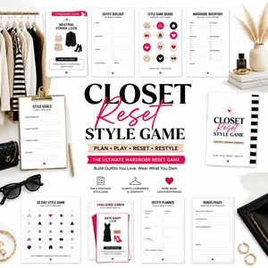 Op de afbeelding: Een verzameling modeplanningstools, waaronder een style game board, outfit planner en challenge cards. De centrale focus is het "Closet Reset Style Game" met de slogan "Plan, Play, Reset, Restyle."