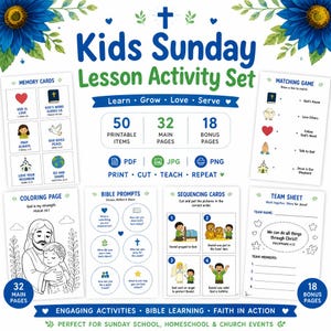 May include: A Kids Sunday Lesson Activity Set featuring 50 printable items, 32 main pages, and 18 bonus pages. The set includes memory cards, a matching game, a coloring page, bible prompts, sequencing cards, and a team sheet with blue floral accents.