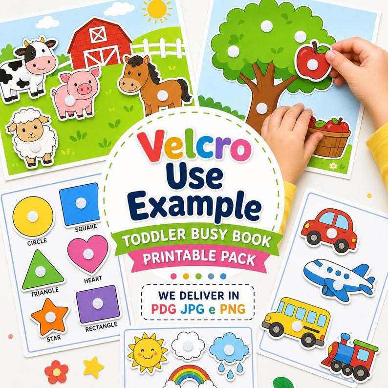 May include: A colourful toddler busy book with Velcro attachments. The image shows farm animals, shapes, a tree with apples, and various vehicles. The text on the image says "Velcro Use Example" and "Toddler Busy Book Printable Pack".