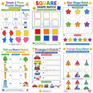 May include: Children's educational activity sheet with shape matching, puzzle solving, and transport matching games. Features colourful illustrations of shapes, vehicles, and objects for learning and fun.