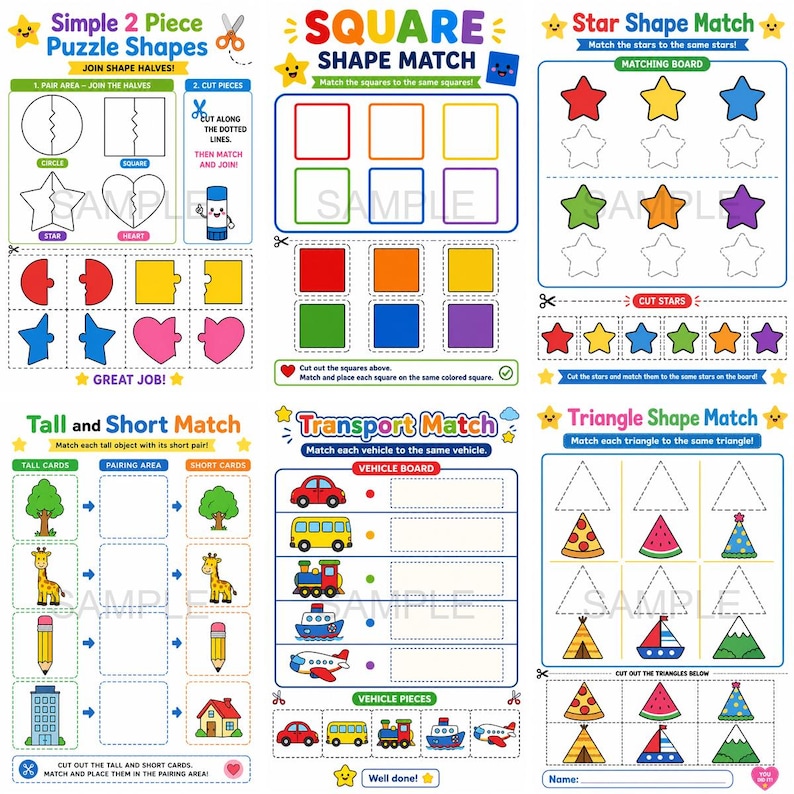 May include: Children's educational activity sheet with shape matching, puzzle solving, and transport matching games. Features colourful illustrations of shapes, vehicles, and objects for learning and fun.