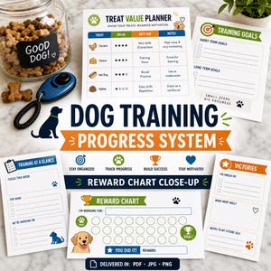 May include: A dog training progress system with a treat value planner, reward chart, and training goals. Includes a jar of dog treats, a clicker, and a dog silhouette. The system is designed to help owners track their dog's progress.
