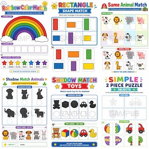 May include: Children's educational activity sheets with matching games. Includes colour matching, shape matching, animal and toy shadow matching, and simple 2-piece puzzles. Features a rainbow, rectangles, and various animal and toy illustrations.