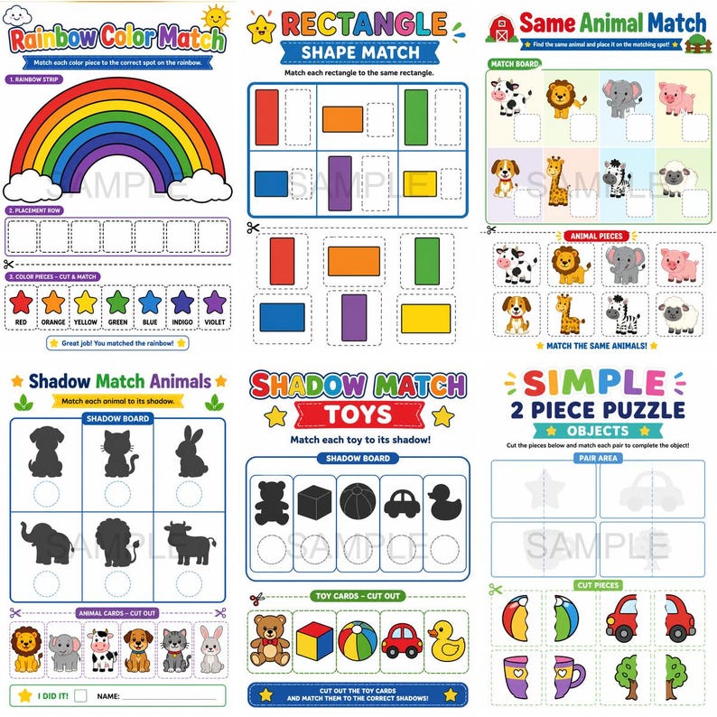 May include: Children's educational activity sheets with matching games. Includes colour matching, shape matching, animal and toy shadow matching, and simple 2-piece puzzles. Features a rainbow, rectangles, and various animal and toy illustrations.