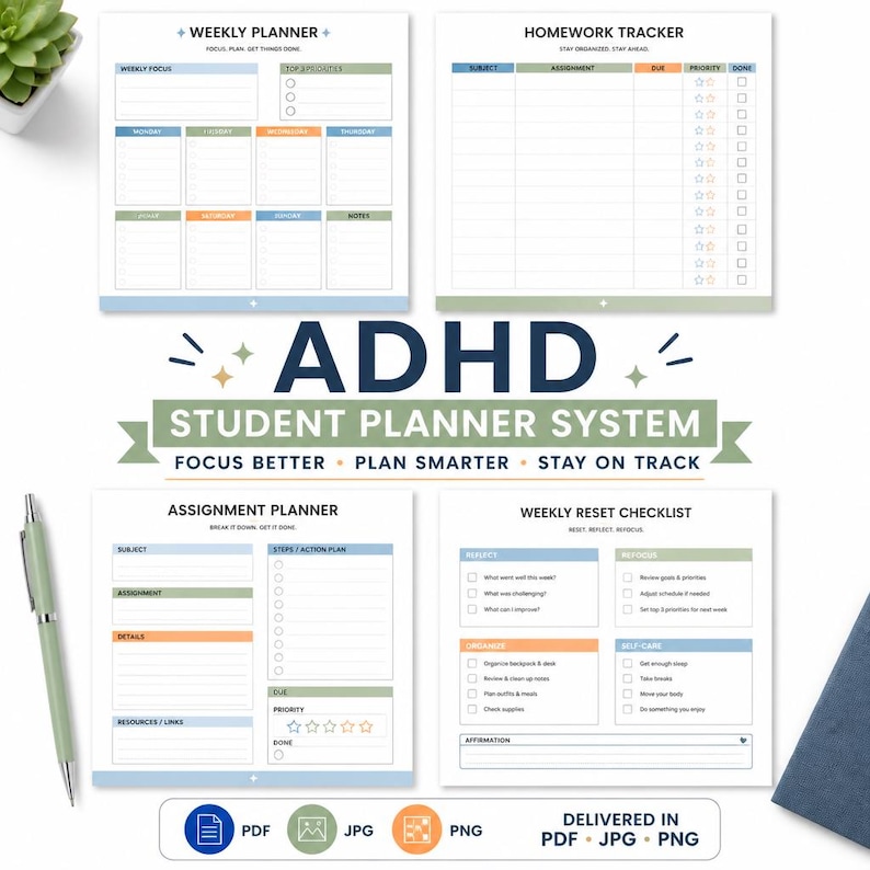 May include: ADHD student planner system with weekly, assignment, and homework trackers. The planner includes sections for focus, planning, and staying on track. Available in PDF, JPG, and PNG formats.