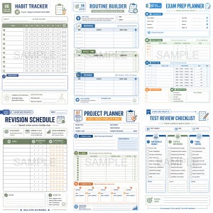 May include: A collection of printable planner pages with a white background and blue and green accents. The pages include a habit tracker, routine builder, exam prep planner, revision schedule, project planner, and test review checklist.
