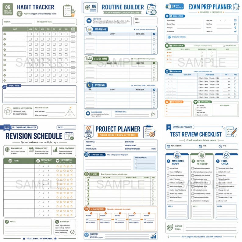 May include: A collection of printable planner pages with a white background and blue and green accents. The pages include a habit tracker, routine builder, exam prep planner, revision schedule, project planner, and test review checklist.