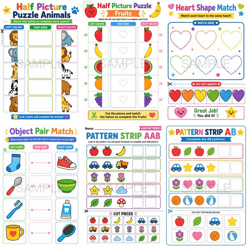 May include: Children's educational activity sheets featuring matching games. Includes animal, fruit, object, and pattern matching. Bright illustrations of lions, elephants, apples, bananas, and other items. Designed for early learning and fun.
