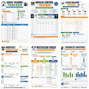 May include: A set of dog training trackers with various sections for house training, impulse control, leash walking, and progress tracking. The trackers include charts, checklists, and graphs to monitor behavior and success. The color scheme is primarily white, blue, and orange.