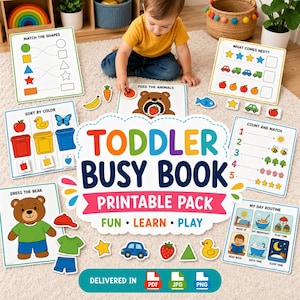 May include: A child interacts with a "Toddler Busy Book Printable Pack." The pack features educational cards with shapes, colours, matching, and daily routine activities. The image shows a child playing with the learning materials.