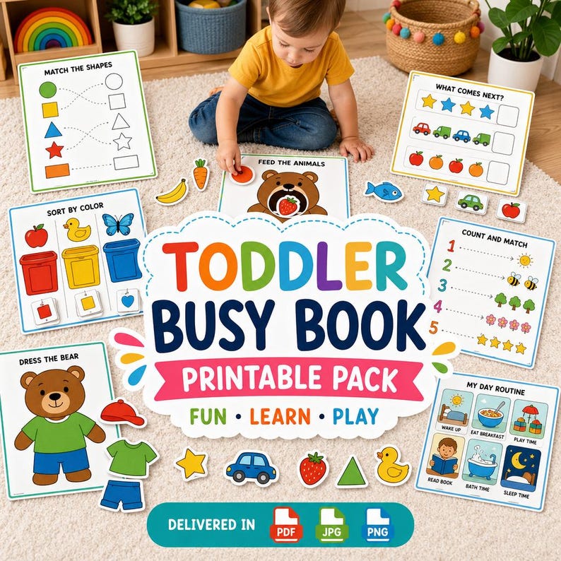 May include: A child interacts with a "Toddler Busy Book Printable Pack." The pack features educational cards with shapes, colours, matching, and daily routine activities. The image shows a child playing with the learning materials.