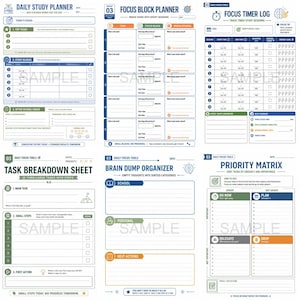 May include: A collection of printable daily study and focus block planners, task breakdown sheets, brain dump organizers, and a priority matrix. The pages are white with blue, green, and orange accents, and include areas for notes and tracking.