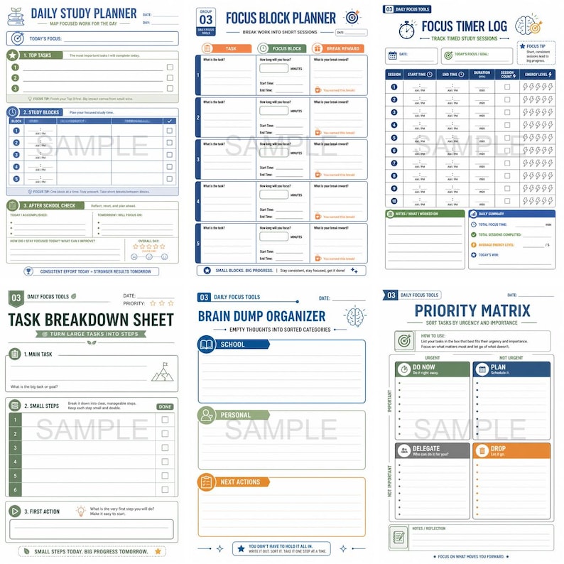 May include: A collection of printable daily study and focus block planners, task breakdown sheets, brain dump organizers, and a priority matrix. The pages are white with blue, green, and orange accents, and include areas for notes and tracking.