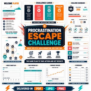 May include: A digital Procrastination Escape Challenge game plan available in PDF, JPG, and PNG formats. The design includes a level-up board, challenge cards, and a progress tracker. The colour scheme features orange, blue, and white.