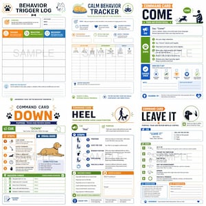 May include: A collection of dog training cards and logs, featuring a calm behavior tracker, command cards for 'Come', 'Down', 'Heel', and 'Leave It', and a behavior trigger log. The cards have a white background with colorful graphics and text.