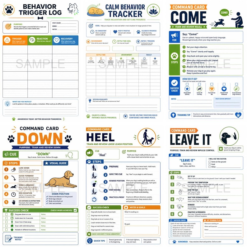 May include: A collection of dog training cards and logs, featuring a calm behavior tracker, command cards for 'Come', 'Down', 'Heel', and 'Leave It', and a behavior trigger log. The cards have a white background with colorful graphics and text.