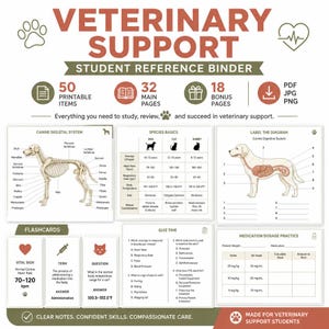 May include: A digital veterinary support student reference binder featuring 50 printable items, 32 main pages, and 18 bonus pages. The content includes diagrams of canine skeletal and digestive systems, species basics charts, flashcards, and medication dosage practice.