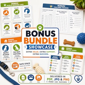 May include: A collection of dog training resources, including cards for problem behaviors, challenge trackers, home signs, and pocket cards. The set features a blue dog toy, a bone-shaped treat, and a white rope toy. The text reads "Bonus Bundle Showcase."
