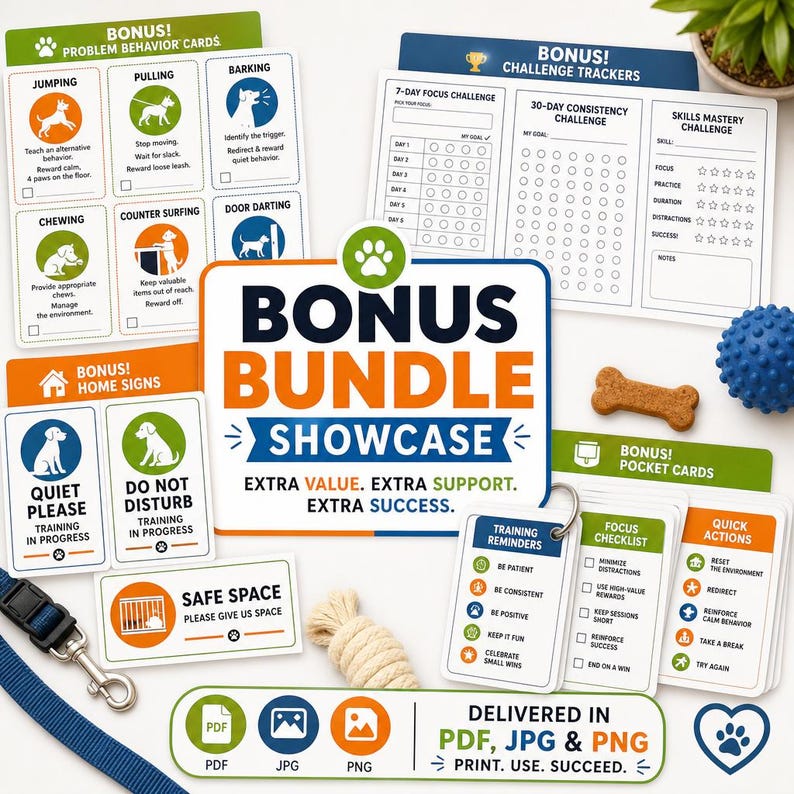 May include: A collection of dog training resources, including cards for problem behaviors, challenge trackers, home signs, and pocket cards. The set features a blue dog toy, a bone-shaped treat, and a white rope toy. The text reads "Bonus Bundle Showcase."