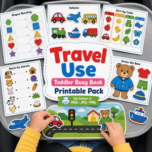 May include: A toddler busy book printable pack with educational activities. Includes matching shapes, vehicles, sorting by colour, matching animals, and dressing a bear. The pack features colourful illustrations of cars, animals, and other objects.