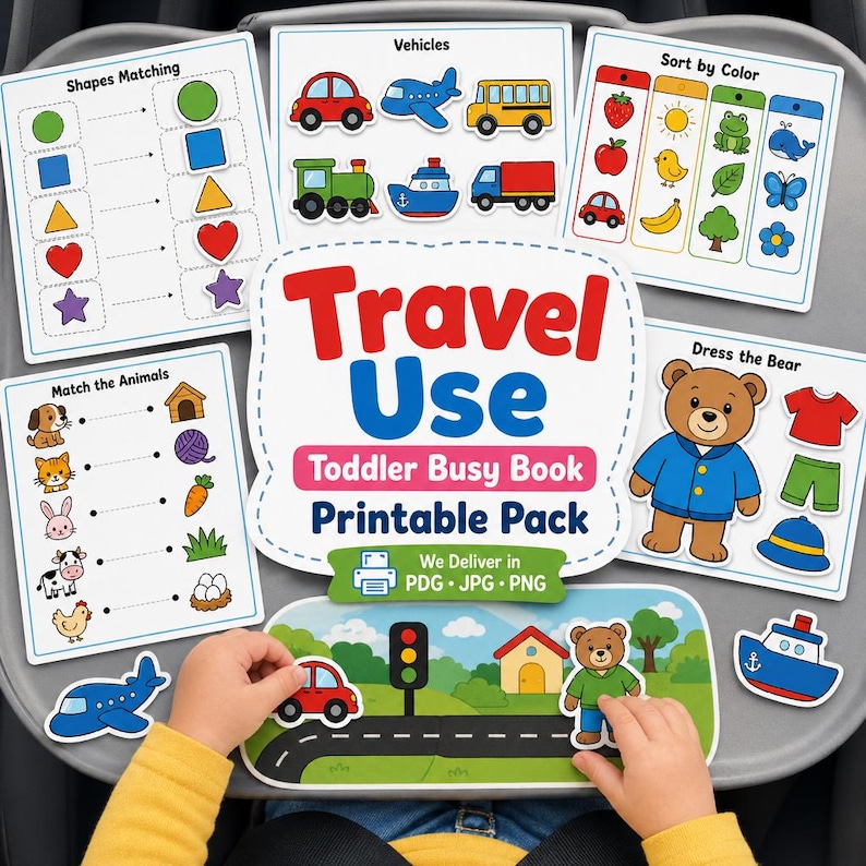 May include: A toddler busy book printable pack with educational activities. Includes matching shapes, vehicles, sorting by colour, matching animals, and dressing a bear. The pack features colourful illustrations of cars, animals, and other objects.