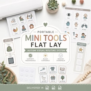 May include: A flat lay of visual routine cards for autism. The cards include illustrations for daily activities like washing hands, brushing teeth, and reading. The set includes a printer, a succulent, and the text "Mini Tools Flat Lay".
