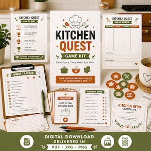 May include: A Kitchen Quest game kit with various printable elements. Includes a game board, challenge cards, reward shop, quest tracker, and a Kitchen Hero certificate. The kit promotes clean eating and fun in the kitchen.