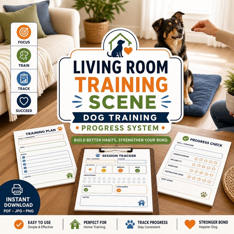 May include: A dog training system with the text "Living Room Training Scene" and "Dog Training Progress System." The image includes a dog, training plan, session tracker, and progress check sheets. The system is designed for home training.