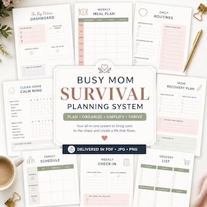 May include: A collection of printable planner pages with a soft, feminine aesthetic. The pages include sections for daily routines, meal planning, and goal setting. The text on the pages reads "Busy Mom Survival Planning System". The pages are delivered in PDF, JPG, and PNG formats.