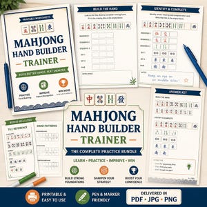 Peut inclure: Un ensemble d'entraînement Mahjong Hand Builder avec des feuilles de travail imprimables. L'ensemble comprend des références de tuiles, des motifs de mains et des feuilles d'entraînement pour apprendre, pratiquer, s'améliorer et gagner. Les feuilles de travail sont adaptées aux stylos et marqueurs.