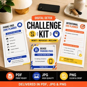 May include: A digital detox challenge kit with a phone-free zone planner, device parking pass, and intentional use planner. The kit includes PDF, JPG, and PNG formats. The theme is about mindful phone use and creating a better relationship with technology.